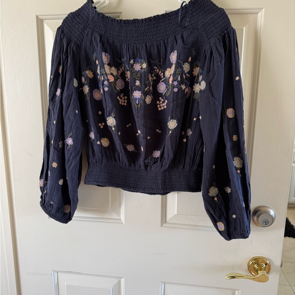 Free People Blue and White Puff Sleeve Smocked Blouse